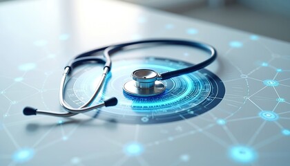 Stethoscope placed on a digital interface background with glowing lines and dots. Represents telehealth, remote patient monitoring, modern healthcare tech, virtual consultation, medical innovation.