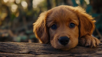 Obraz premium Adorable golden retriever puppy with soulful eyes peeks over a weathered wooden edge, bathed in soft light. A heartwarming and captivating portrait