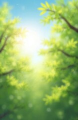 Fototapeta premium Blurred bokeh illustration of fresh green foliage tree leaves with sun flare, blue sky. Natural abstract spring, summer season nature background wallpaper. Sunlight, sunlight, happy mood, ecology.