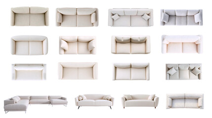 Set of white furniture made of different materials. sofas and armchairs made of fabric and boucle, top view and front view. isolated on transparent background