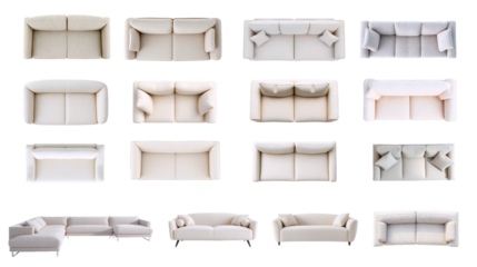 Set of white furniture made of different materials. sofas and armchairs made of fabric and boucle, top view and front view. isolated on transparent background