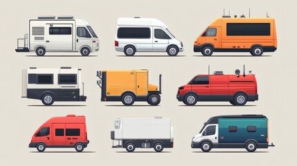 Naklejka premium Collection of various van types camper, delivery, mobile, utility, and service vans.