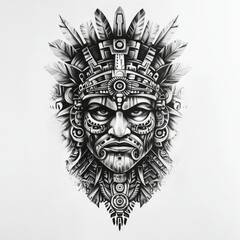 Detailed Aztec Warrior Drawing with Headdress and Intense Expression