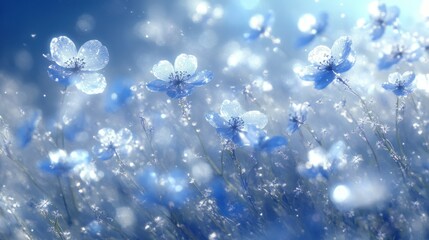 Delicate, light blue flowers with water droplets, a soft bokeh effect