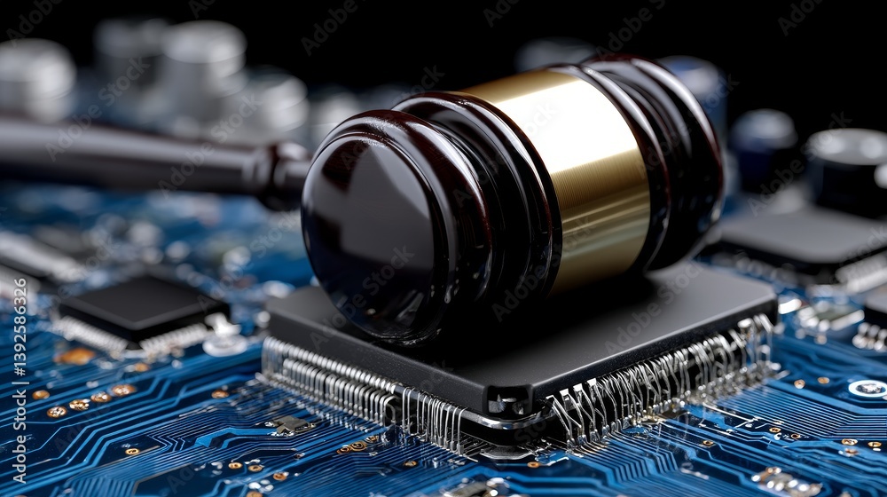 Poster justice merged with cutting-edge technology is depicted through an abstract tech background that inc