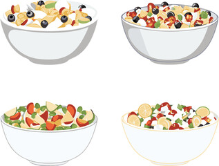 Four Delicious Salad Bowls Fruit, Veggie, and Pasta Salads