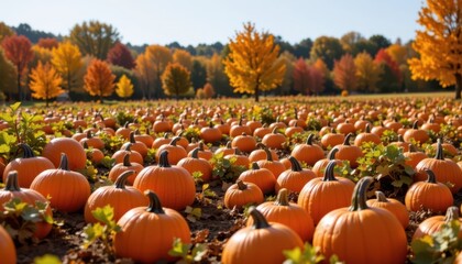 A charming depiction of a pumpkin patch bursting with ripe orange gourds, set against a backdrop of vibrant autumn foliage and warm sunshine.
