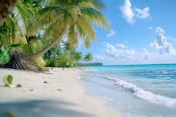 Tropical beach scene with swaying palm trees and clear turquoise waters