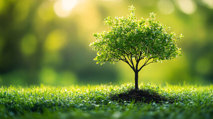 Bright green tree on a grassy background, emphasizing the importance of nature and environmental protection