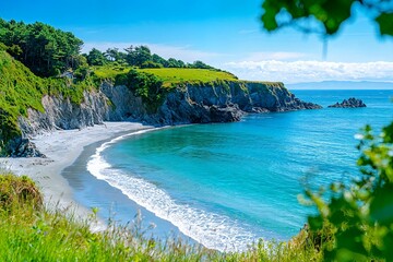 Serene coastal view with vibrant greenery and calm waves under a bright blue sky