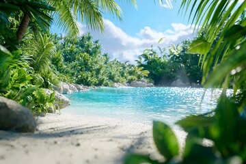 Vibrant portrait of a beach paradise with lush palm trees and sparkling sea