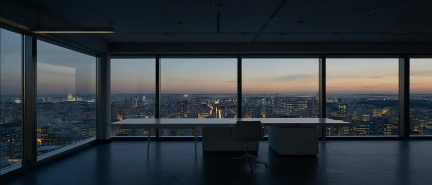 Empty executive office in a skyscraper transitions from bright daylight to city lights at night.