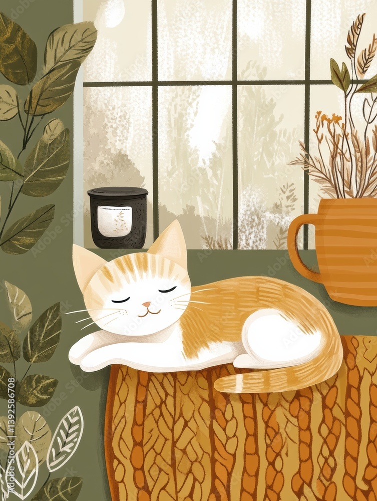 Aufkleber cozy moment with a sleepy cat on a knitted blanket and tea near a window filled with greenery and so