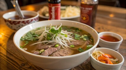 Traditional Vietnamese Pho Bowl, Tender Beef Slices, Fresh Herbs, Aromatic Broth, Rustic Wooden Table