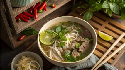 Delicious Vietnamese Pho Bowl, Tender Beef Slices, Fresh Mint and Cilantro, Clear Broth, Rustic Warm Setting