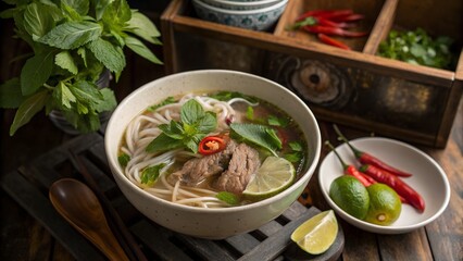 Delicious Vietnamese Pho Bowl, Tender Beef Slices, Fresh Mint and Cilantro, Clear Broth, Rustic Warm Setting