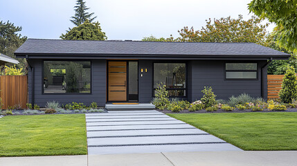 Modern gray ranch house with horizontal siding and lush landscaping