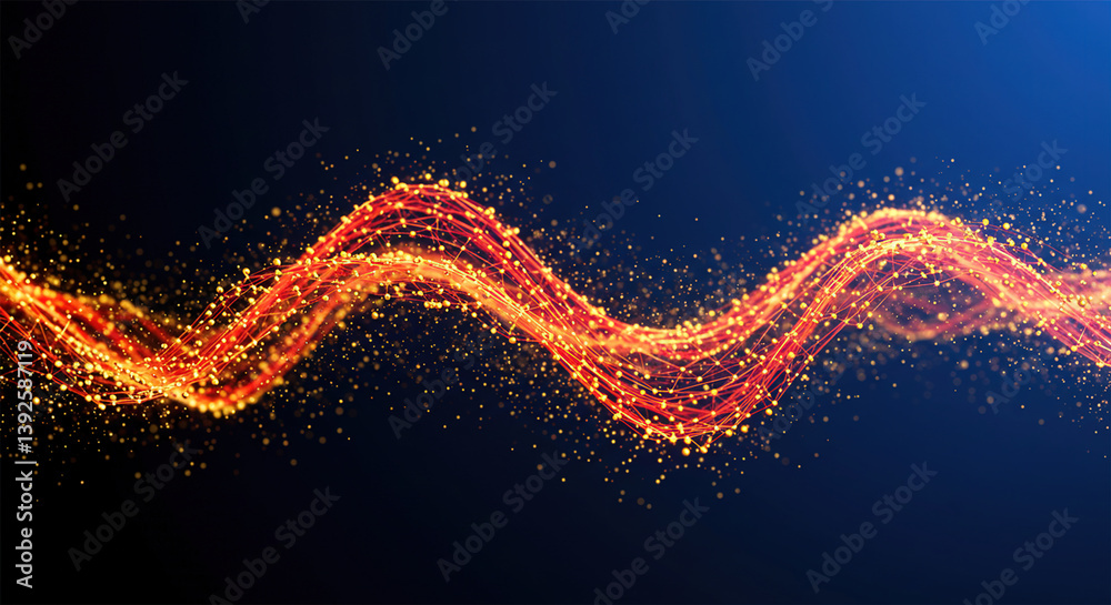 Fototapete a wave connecting red and orange lines and dots. concept of big data and technology. abstract backgr