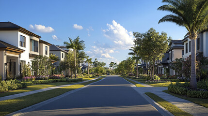 Obraz premium smooth asphalt road leads through peaceful community with palm trees