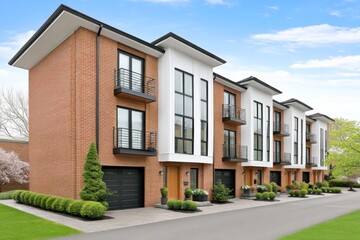 A stylish townhouse exterior in an urban neighborhood with driveway and green space