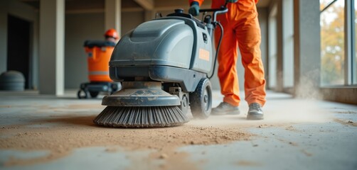 Construction worker cleaning construction site floor with industrial floor sweeper. Construction site dust removal. Dust cleanup for health safety, construction worker safety. Cleaning with pro