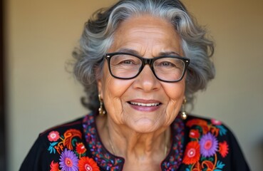 Portrait of smiling senior indigenous woman wearing traditional dress with bright floral embroidery. Elder ethnic female with glasses looking at camera. Culture of Latin America.