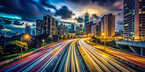 Fototapeta premium Mesmerizing Light Trails Dance Across the Urban Skyline A Long Exposure Night Photography Masterpiece Capturing the