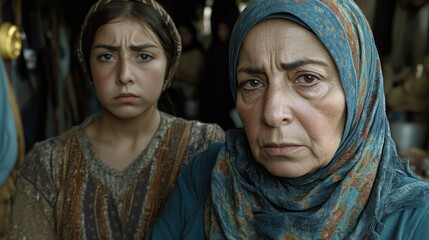 Fototapeta premium A somber portrait of a mother and daughter in a distressed environment