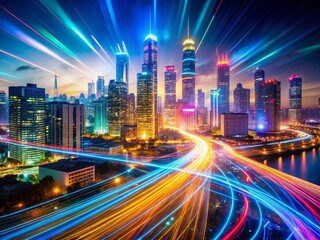 Fototapeta premium Nighttime Cityscape Unveiled Long Exposure Photography Captures Dynamic Light Trails and Urban Architecture in Stunning