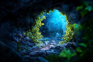 Mystical cavern illuminated by soft light with jagged rocks and a winding path into the depths