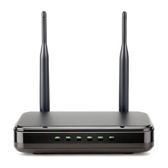 Black wireless Internet router isolated on white, side view, clipping