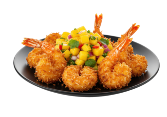 Crispy coconut shrimp served on a black plate with vibrant mango salsa