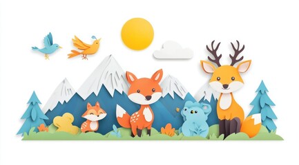 Fototapeta premium 3D paper-cut style cute forest animals, deer, foxes, and birds in front of mountains with a white background