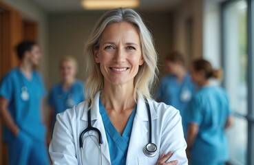 Smiling mature female physician in hospital. Confident doctor with stethoscope. Health pro in medical scrubs smiles at camera. Healthcare worker with other medical staff in background.