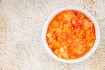 Fruits in syrup organic fruit and berries sweet dessert tasty fresh delicious gourmet food background on the table rustic food top view copy space