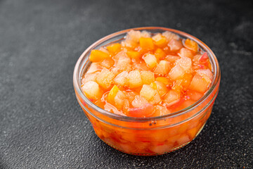 Fruits in syrup organic fruit and berries sweet dessert tasty fresh delicious gourmet food background on the table rustic food top view copy space