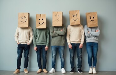 Group people with drawn emoji expressions on paper bags on heads stand by grey wall. Happy, sad, angry, neutral expressions. Concept of anonymous social indifferent attitude to communication.