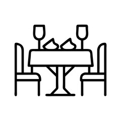 Dinner table setup restaurant with wine glasses and chairs vector line art illustration design icon set