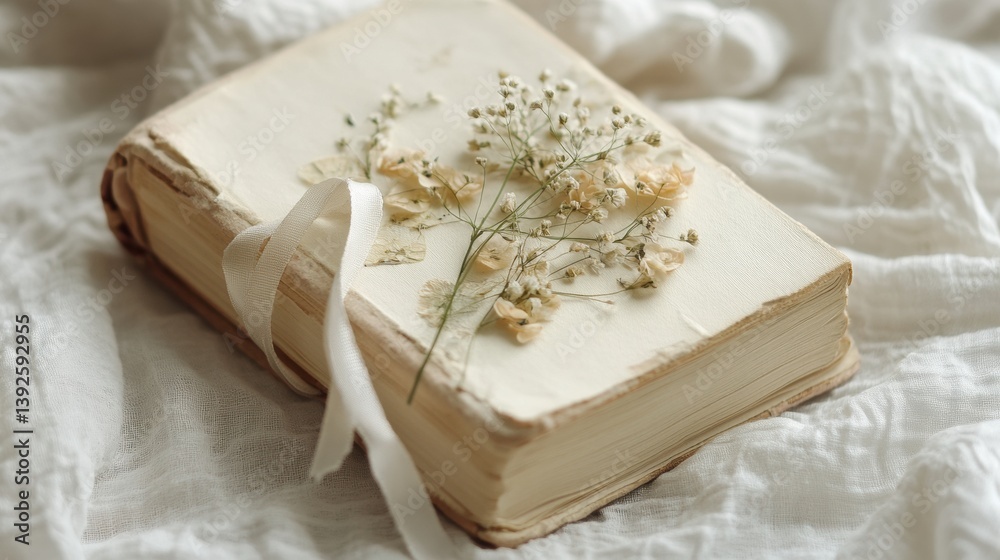 Poster cream-colored journal adorned with pressed flowers and ribbon resting on soft fabric in gentle light