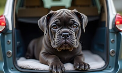 Serious Dark Bulldog Puppy Sitting in Teal Vehicle Trunk