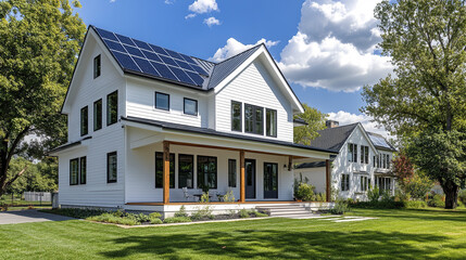 Naklejka premium Modern white house with solar panels on roof, surrounded by trees