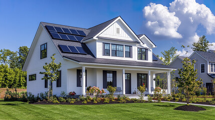 Modern white house with solar panels on roof and lush garden