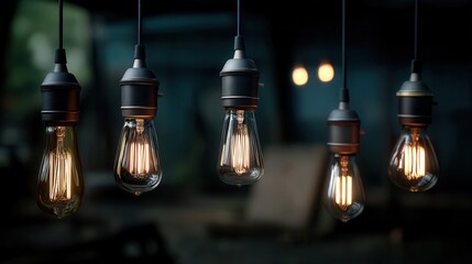Obraz premium Atmospheric vintage Edison bulbs hanging in dark cafe