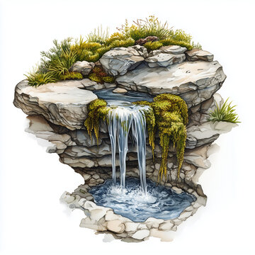 waterfall cascading over rocks, watercolor style clip art preview