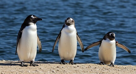 Obraz premium Coastal Rendezvous: A Penguin Trio's Seaside Gathering AI Generated