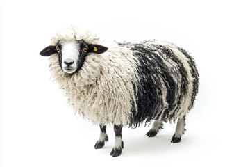 a sheep with a black and white coat standing