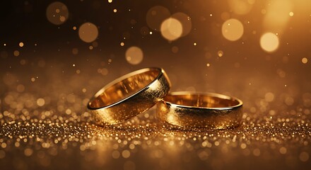 Panoramic banner featuring two standing gold wedding bands representing love and romance against a textured backdrop, with space available for your greeting or congratulations.