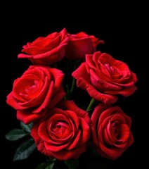 Naklejka premium Crimson roses, velvety petals against deep black, vintage aesthetic, black background, leaves
