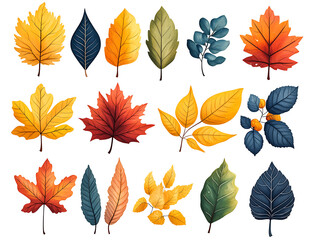 Watercolor Autumn Leaves Collection Colorful Fall Foliage Decorative Elements Isolated On White