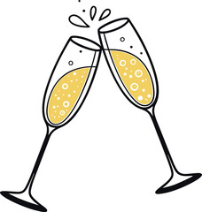 Vector Illustration of Champagne Glasses Clinking with Sparkles and Bubbles for Festive Celebrations and Events